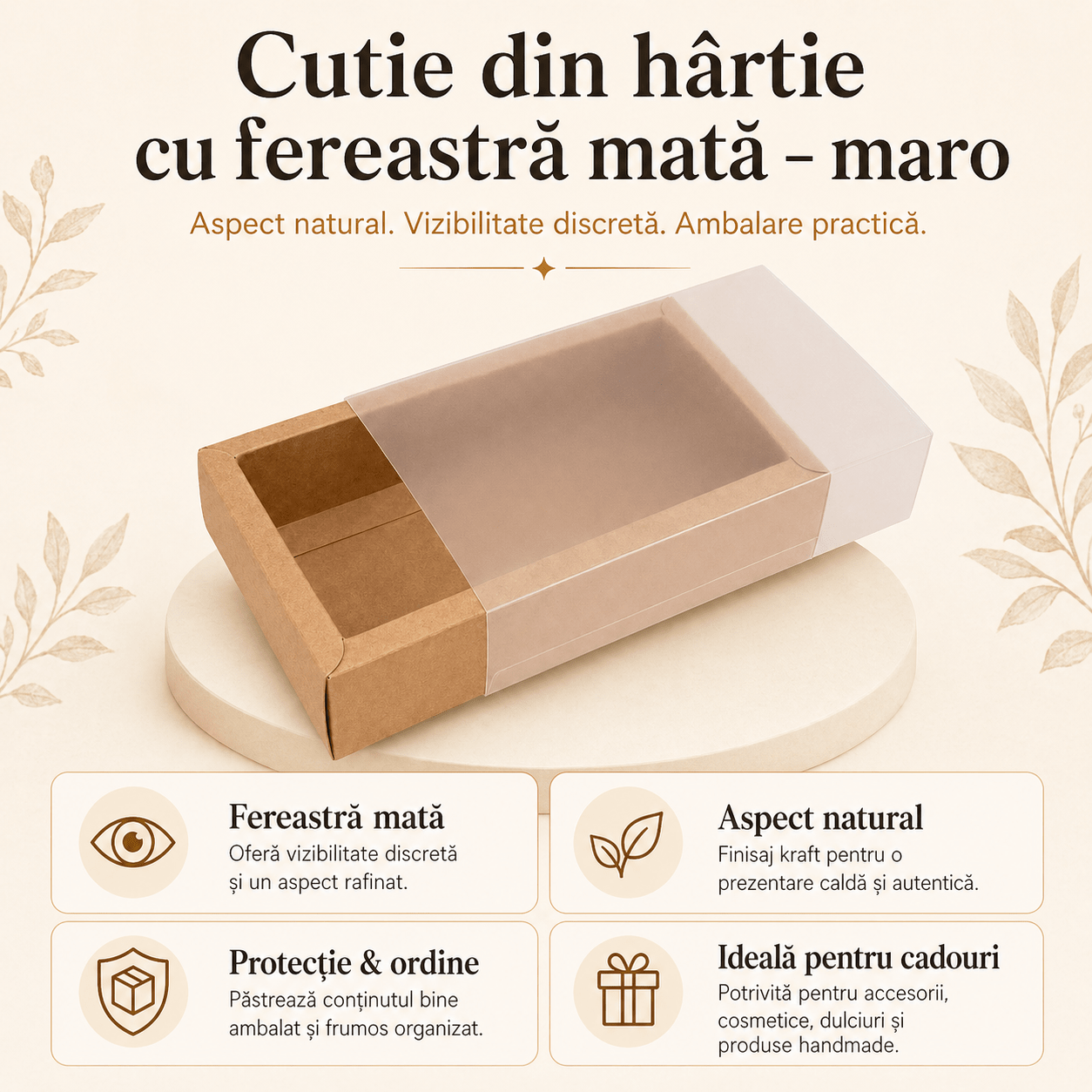 Cutie din hârtie cu fereastră mată - kraft (set 50 buc)