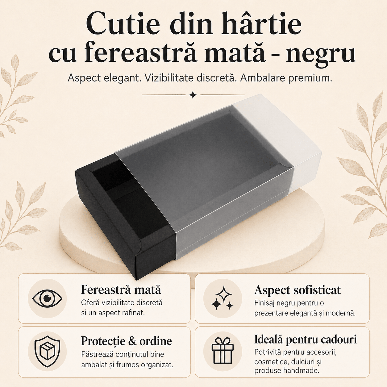 Cutie din hârtie cu fereastră mată - negru (set 50 buc)
