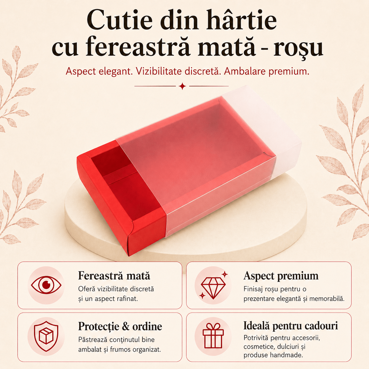 Cutie din hârtie cu fereastră mată - roșu (set 50 buc)