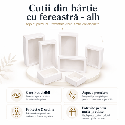 Cutie din hârtie cu fereastră transparentă - alb (set 50 buc)