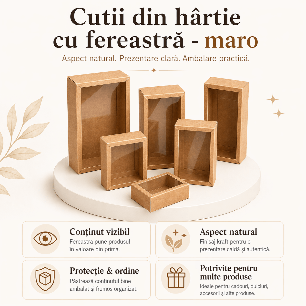 Cutie din hârtie cu fereastră transparentă - kraft (set 50 buc)