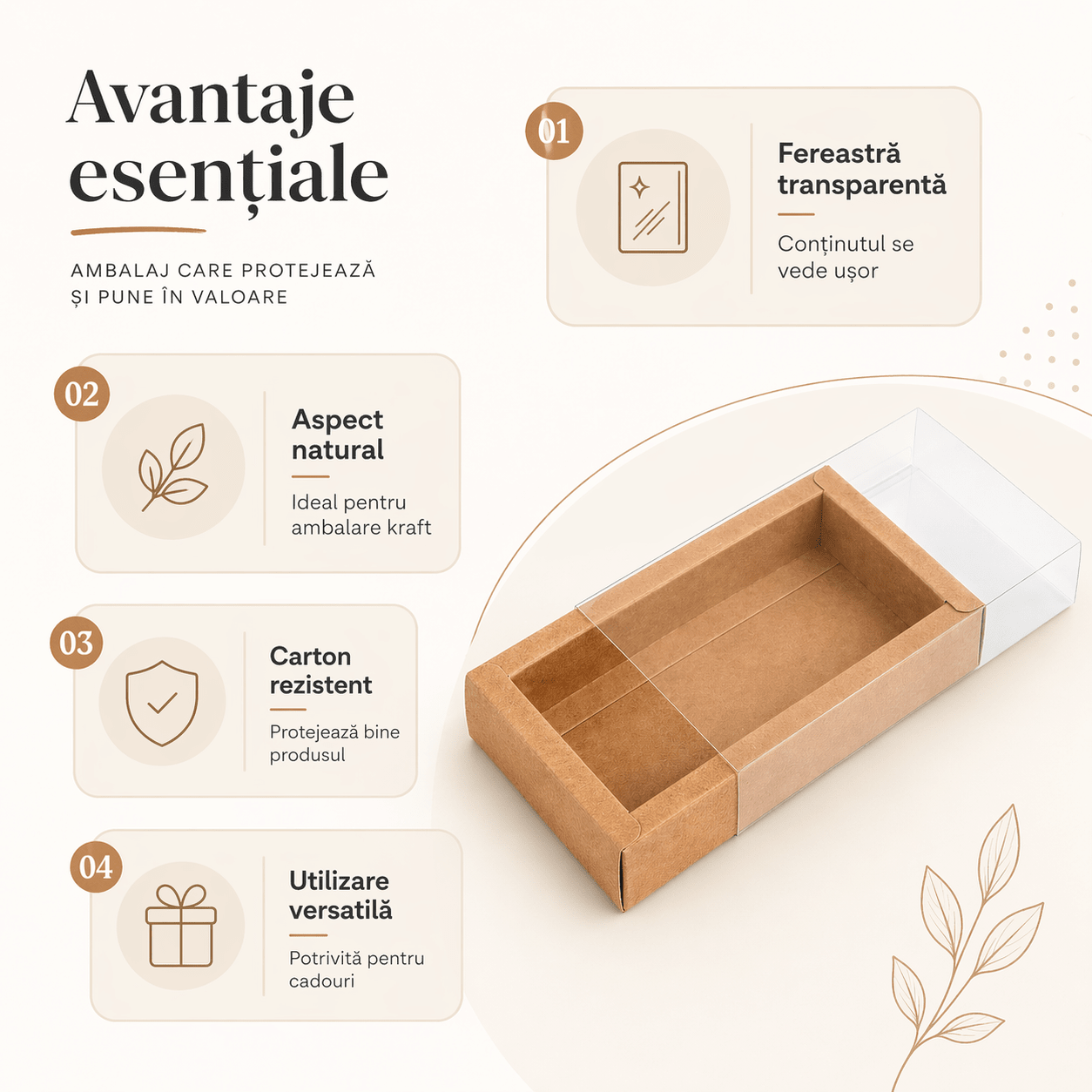 Cutie din hârtie cu fereastră transparentă - kraft (set 50 buc)