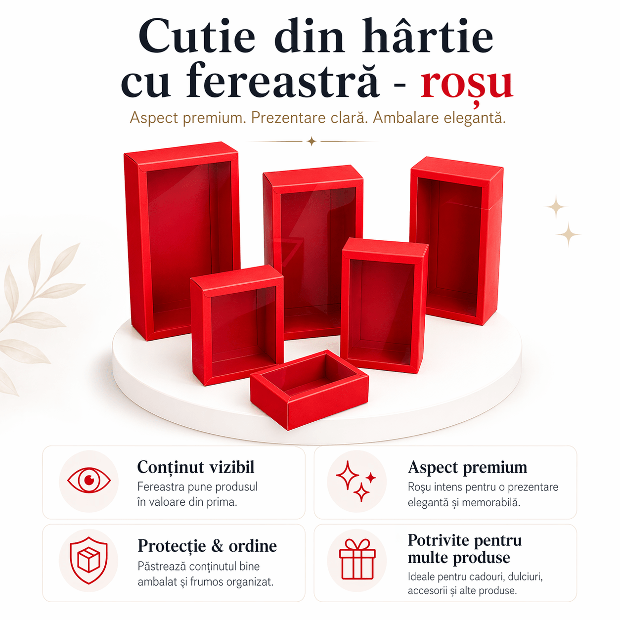 Cutie din hârtie cu fereastră transparentă - roșu (set 50 buc)
