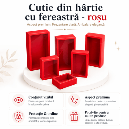 Cutie din hârtie cu fereastră transparentă - roșu (set 50 buc)
