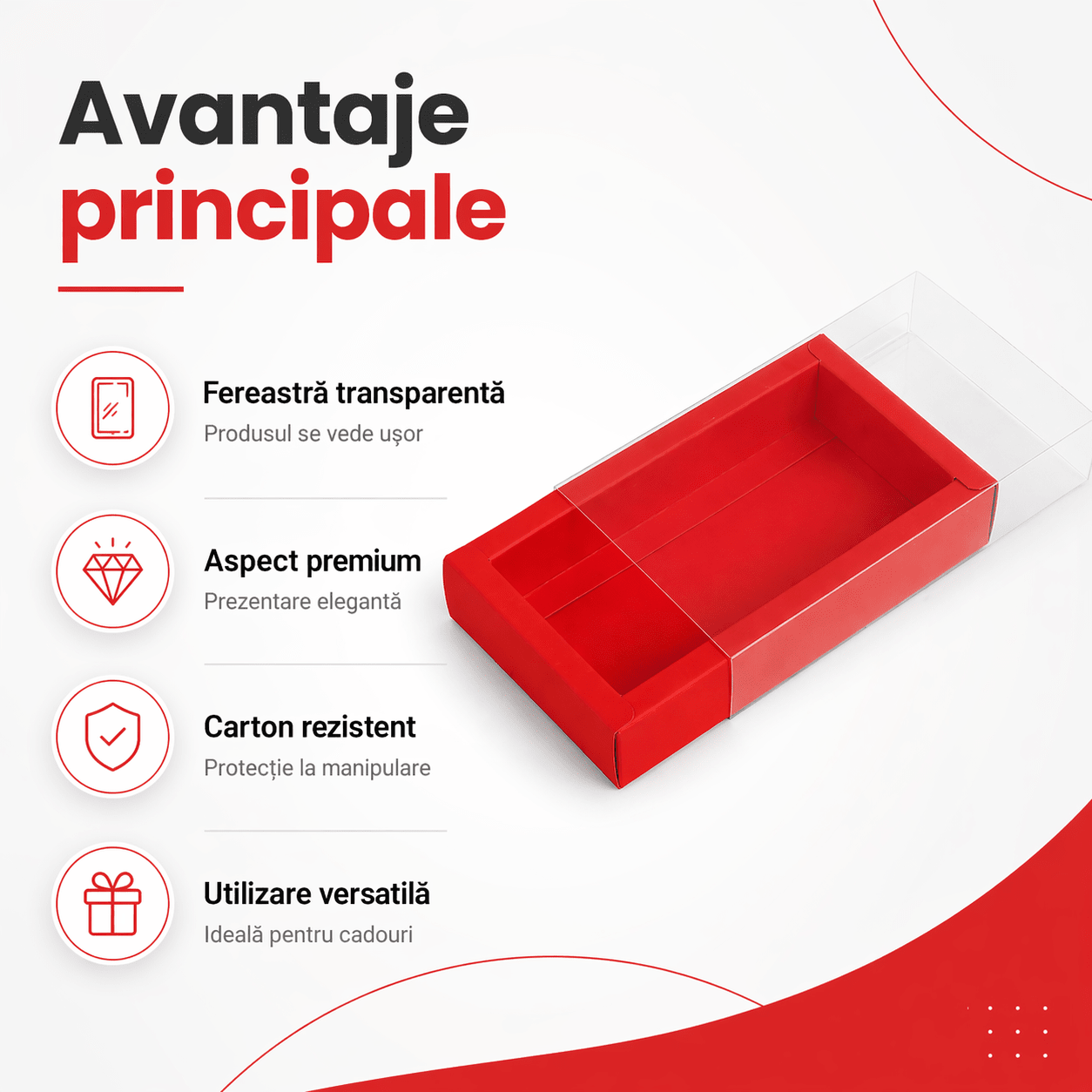 Cutie din hârtie cu fereastră transparentă - roșu (set 50 buc)
