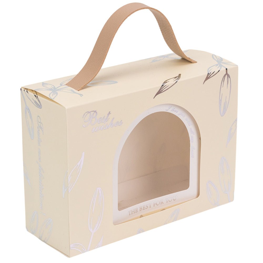 Cutie dreptunghiulară cu fereastră arcadă și mâner din piele - alb (set 50 buc) 17x6x12cm