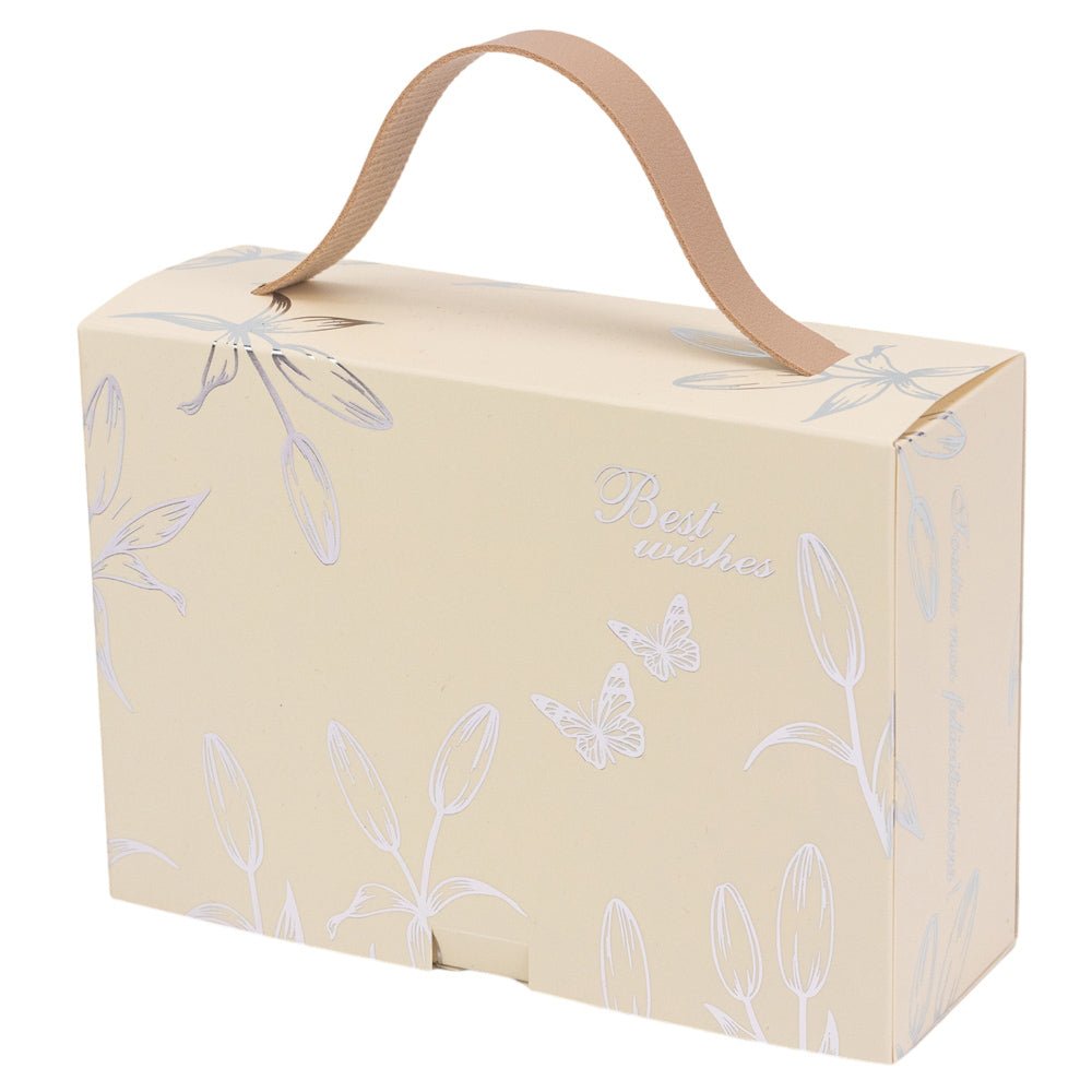 Cutie dreptunghiulară cu fereastră arcadă și mâner din piele - alb (set 50 buc) 17x6x12cm