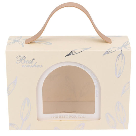 Cutie dreptunghiulară cu fereastră arcadă și mâner din piele - alb (set 50 buc) 17x6x12cm