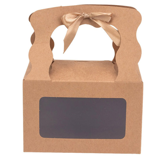 Cutie dreptunghiulară cu fereastră mâner ondulat și panglică - kraft (set 12 buc) - 15x10.5x9.6cm