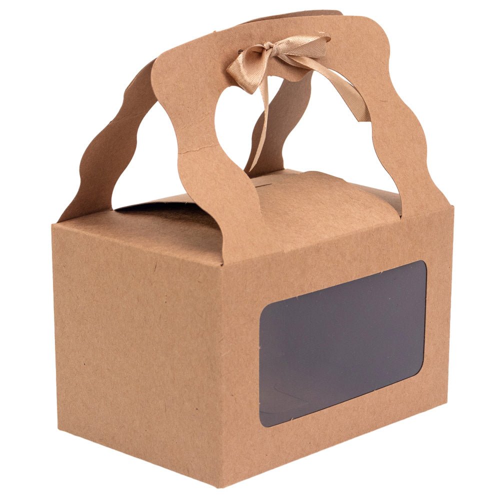 Cutie dreptunghiulară cu fereastră mâner ondulat și panglică - kraft (set 12 buc) - 15x10.5x9.6cm