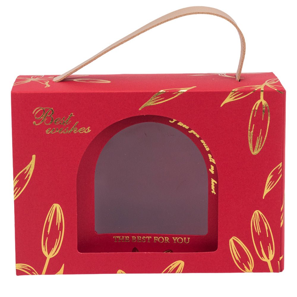 Cutie dreptunghiulară cu ferestră arcadă și mâner din piele - roșu (set 50 buc) 17x6x12cm