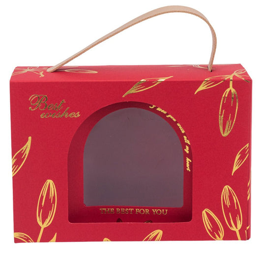 Cutie dreptunghiulară cu ferestră arcadă și mâner din piele - roșu (set 50 buc) 17x6x12cm