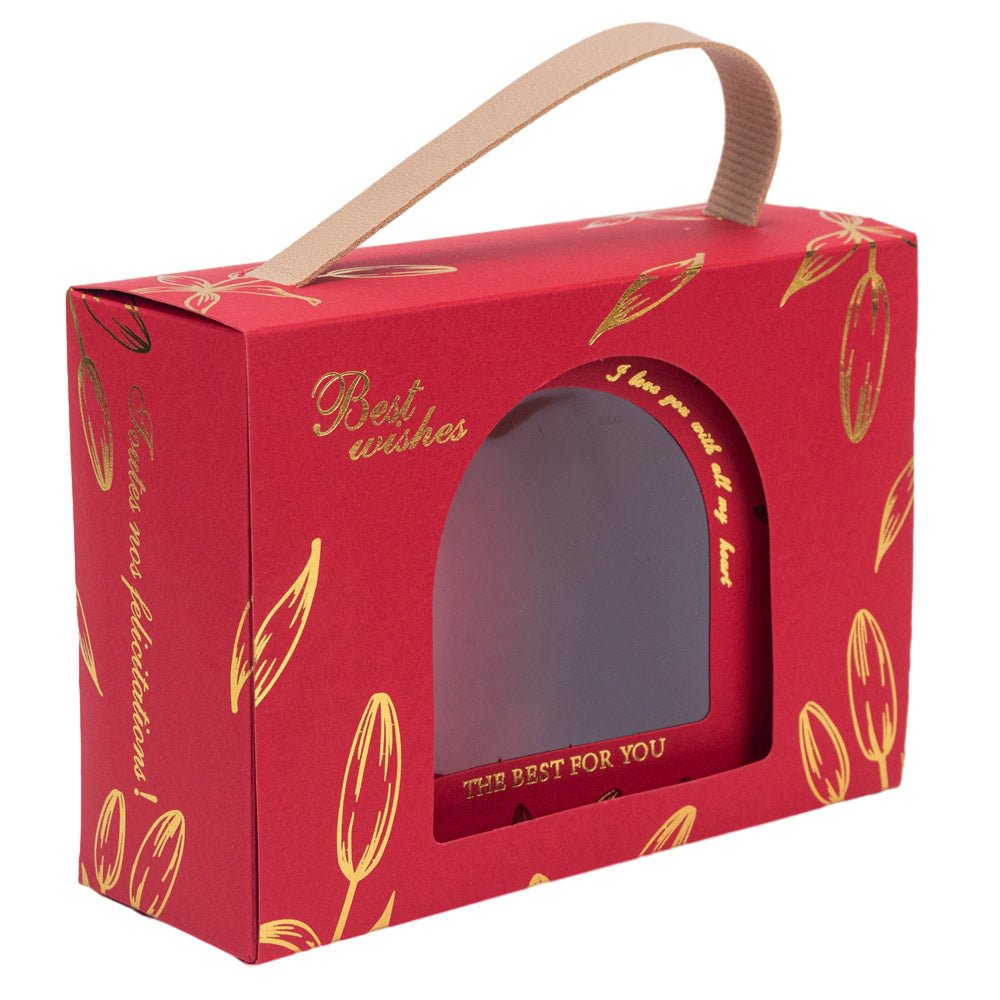 Cutie dreptunghiulară cu ferestră arcadă și mâner din piele - roșu (set 50 buc) 17x6x12cm