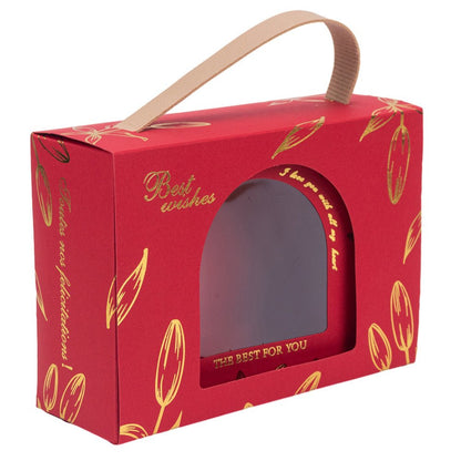 Cutie dreptunghiulară cu ferestră arcadă și mâner din piele - roșu (set 50 buc) 17x6x12cm