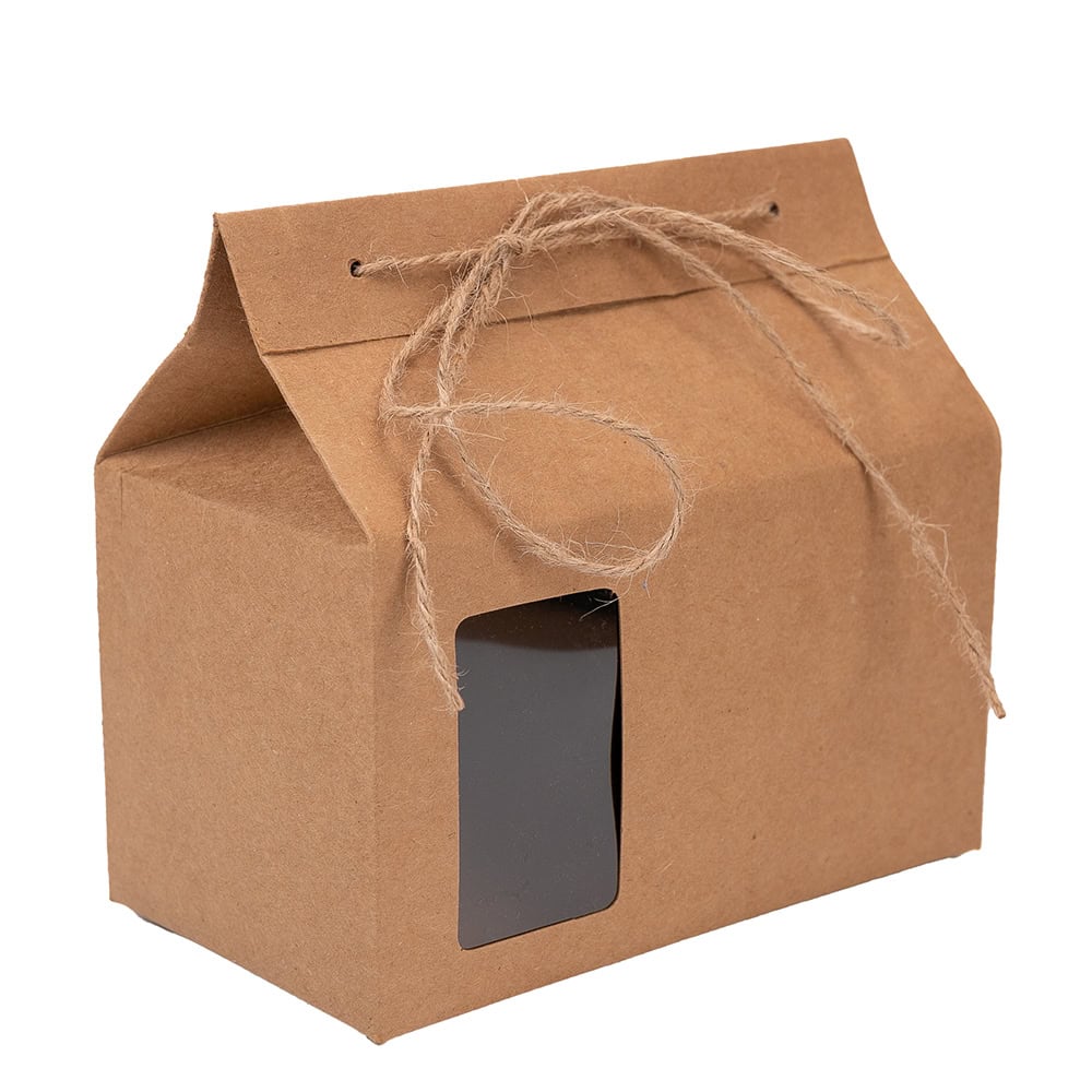 Cutie dreptunghiulară cu mini fereastră și sfoară pentru închidere - kraft (set 50 buc)