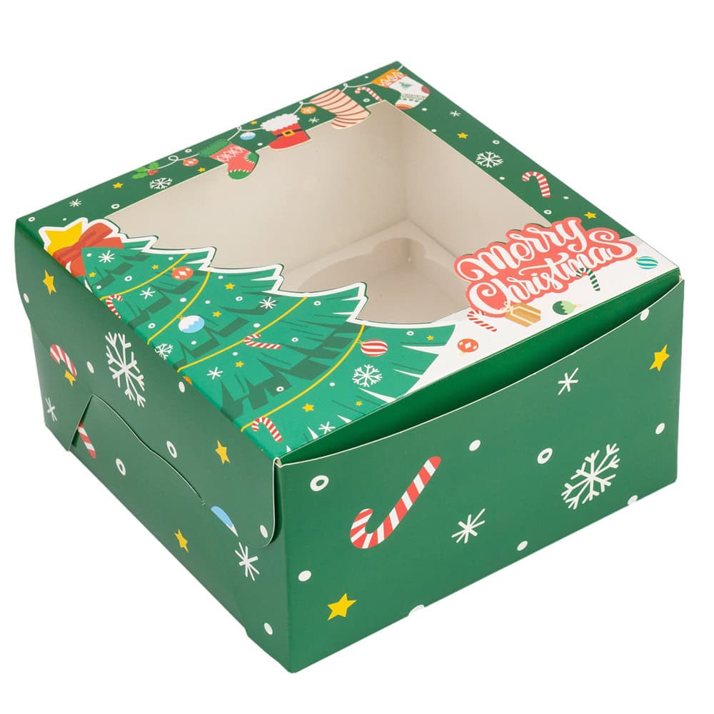 Cutie dreptunghiulară de Crăciun cu fereastră și 4 compartimente - verde (set 20 buc)