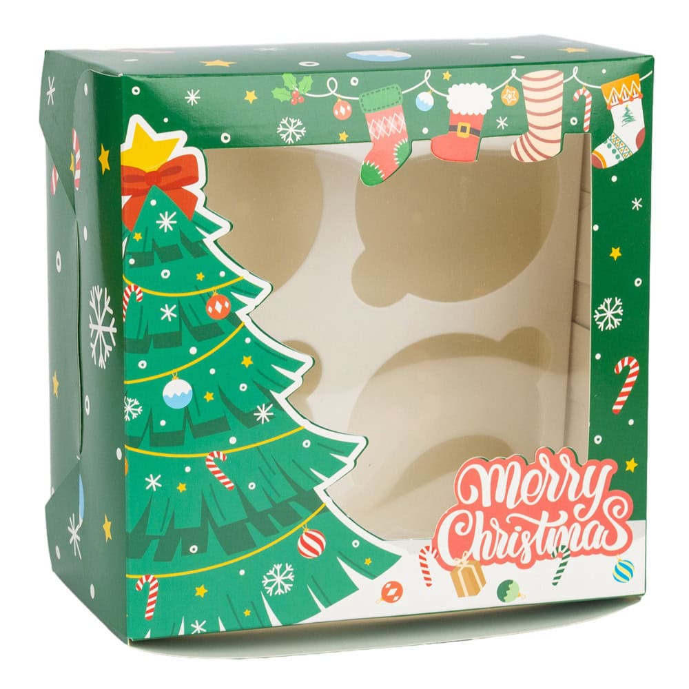 Cutie dreptunghiulară de Crăciun cu fereastră și 4 compartimente - verde (set 20 buc)