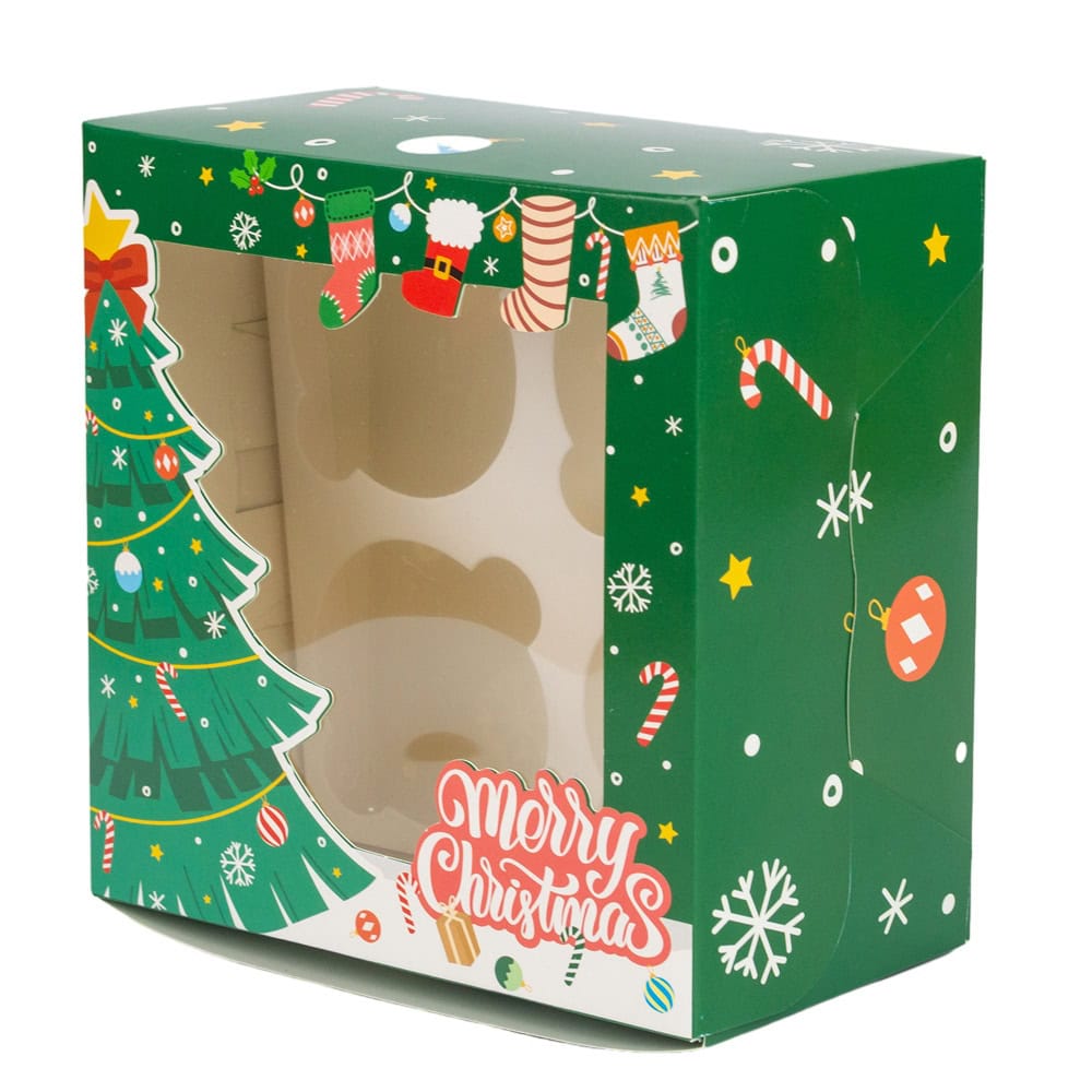 Cutie dreptunghiulară de Crăciun cu fereastră și 4 compartimente - verde (set 20 buc)