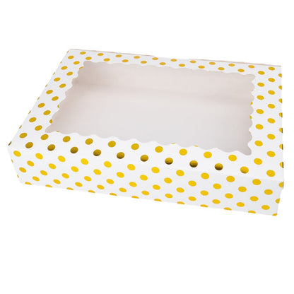 Cutie dreptunghiulară din hârtie cu model buline și fereastră - alb (set 25 buc) 30x20x6cm