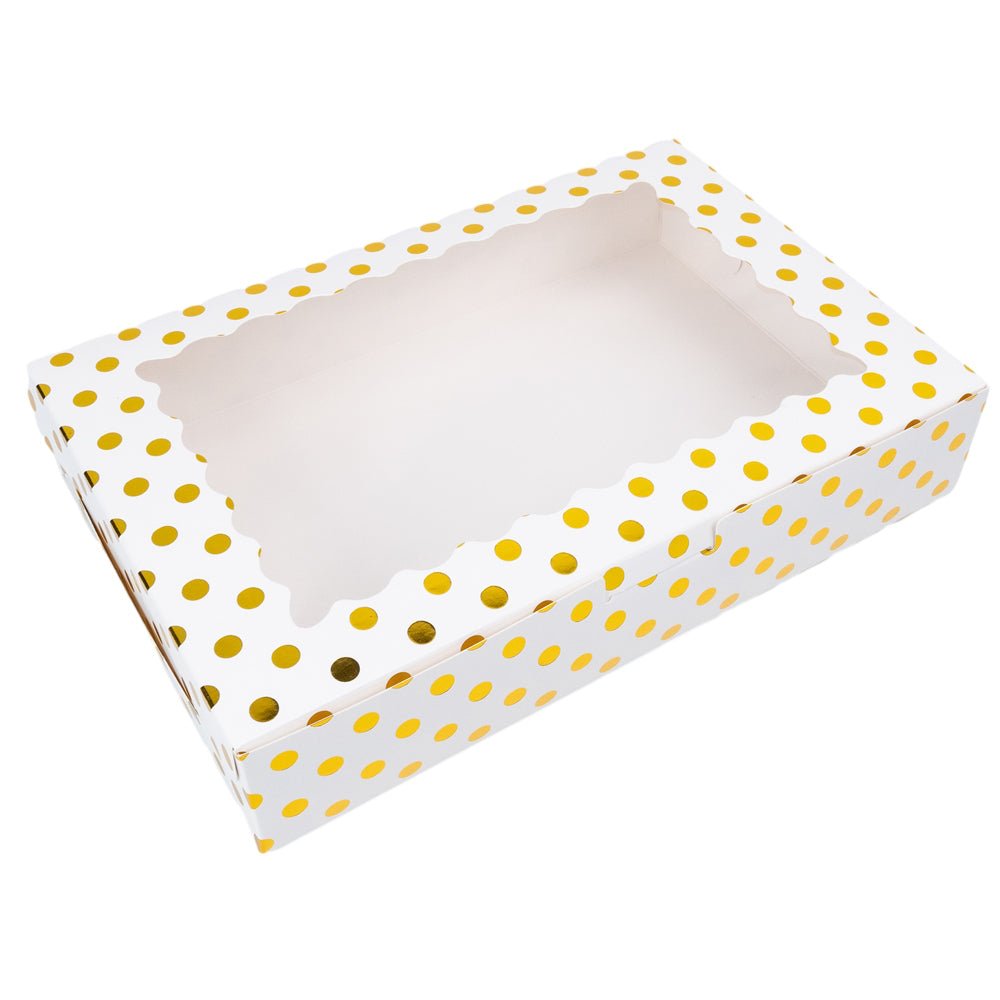 Cutie dreptunghiulară din hârtie cu model buline și fereastră - alb (set 25 buc) 30x20x6cm