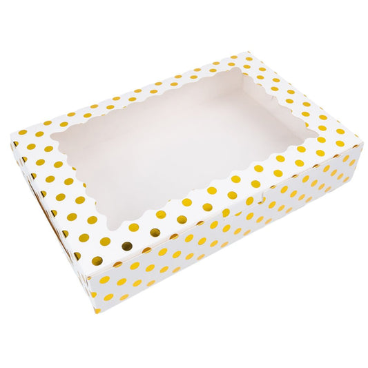 Cutie dreptunghiulară din hârtie cu model buline și fereastră - alb (set 25 buc) 30x20x6cm