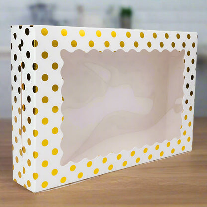 Cutie dreptunghiulară din hârtie cu model buline și fereastră - alb (set 25 buc) 30x20x6cm