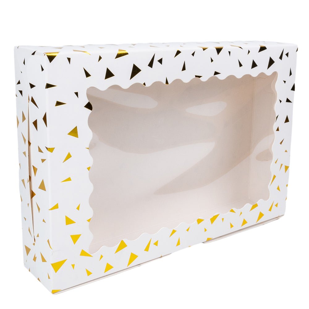 Cutie dreptunghiulară din hârtie cu model triunghiuri și fereastră - alb (set 25 buc) 30x20x6cm
