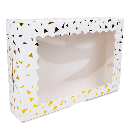 Cutie dreptunghiulară din hârtie cu model triunghiuri și fereastră - alb (set 25 buc) 30x20x6cm