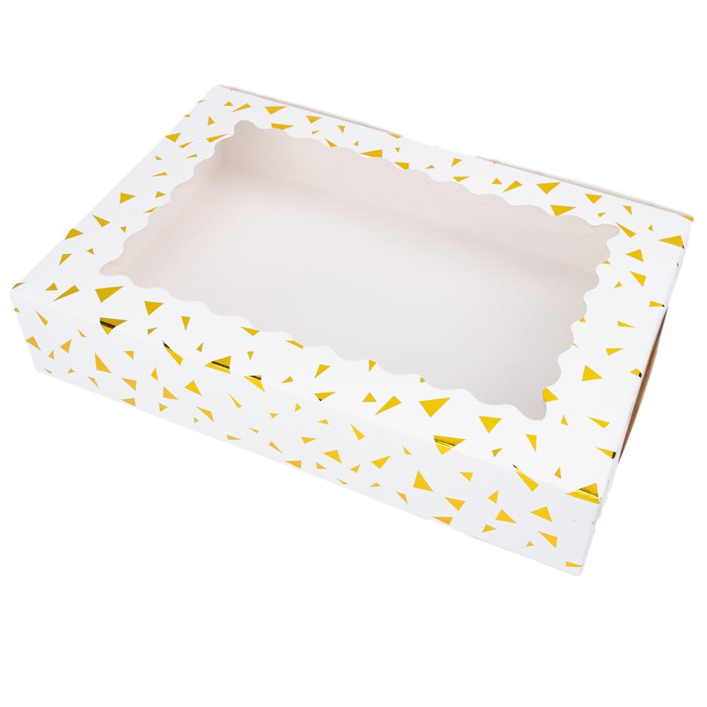 Cutie dreptunghiulară din hârtie cu model triunghiuri și fereastră - alb (set 25 buc) 30x20x6cm