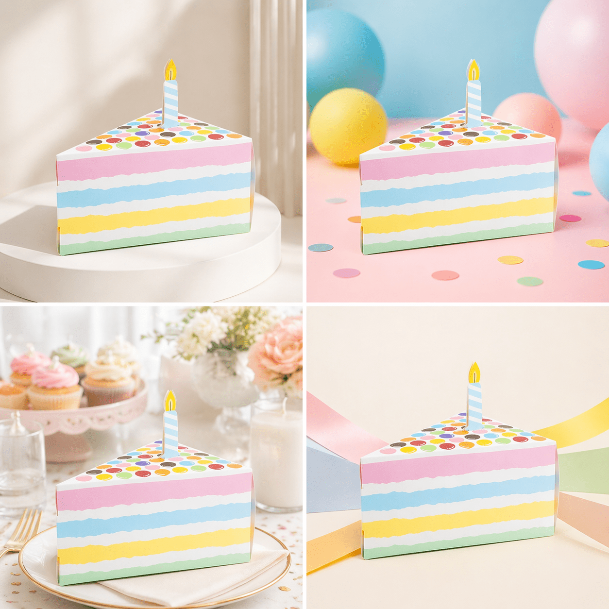 Cutie felie tort cu lumânare - multicolor (set 50 buc)