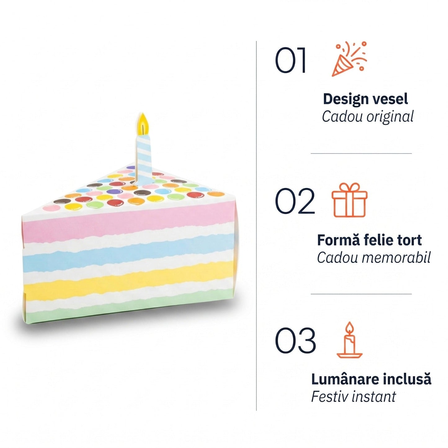 Cutie felie tort cu lumânare - multicolor (set 50 buc)