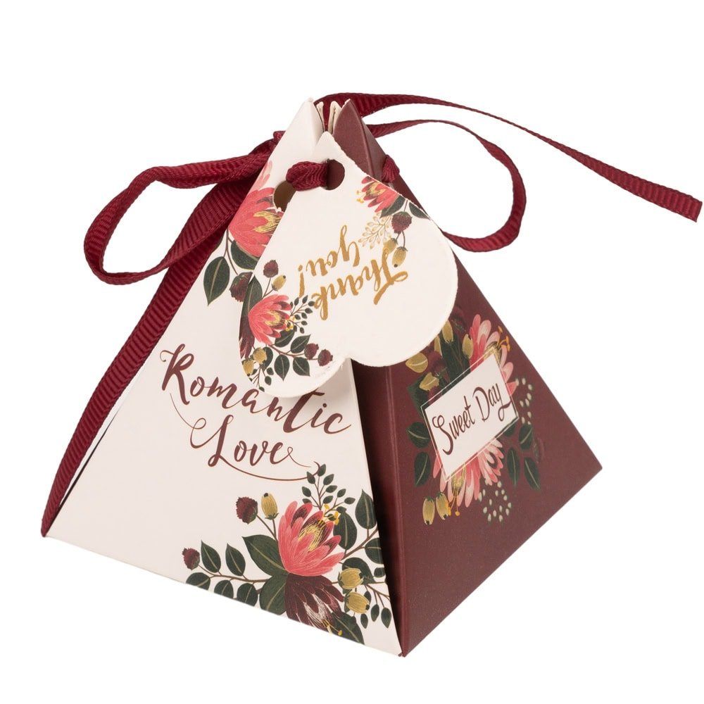 Cutie formă piramidală cu șnur și etichetă cu mesaj Thank you - vișiniu (set 50 buc)