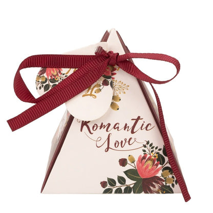 Cutie formă piramidală cu șnur și etichetă cu mesaj Thank you - vișiniu (set 50 buc)