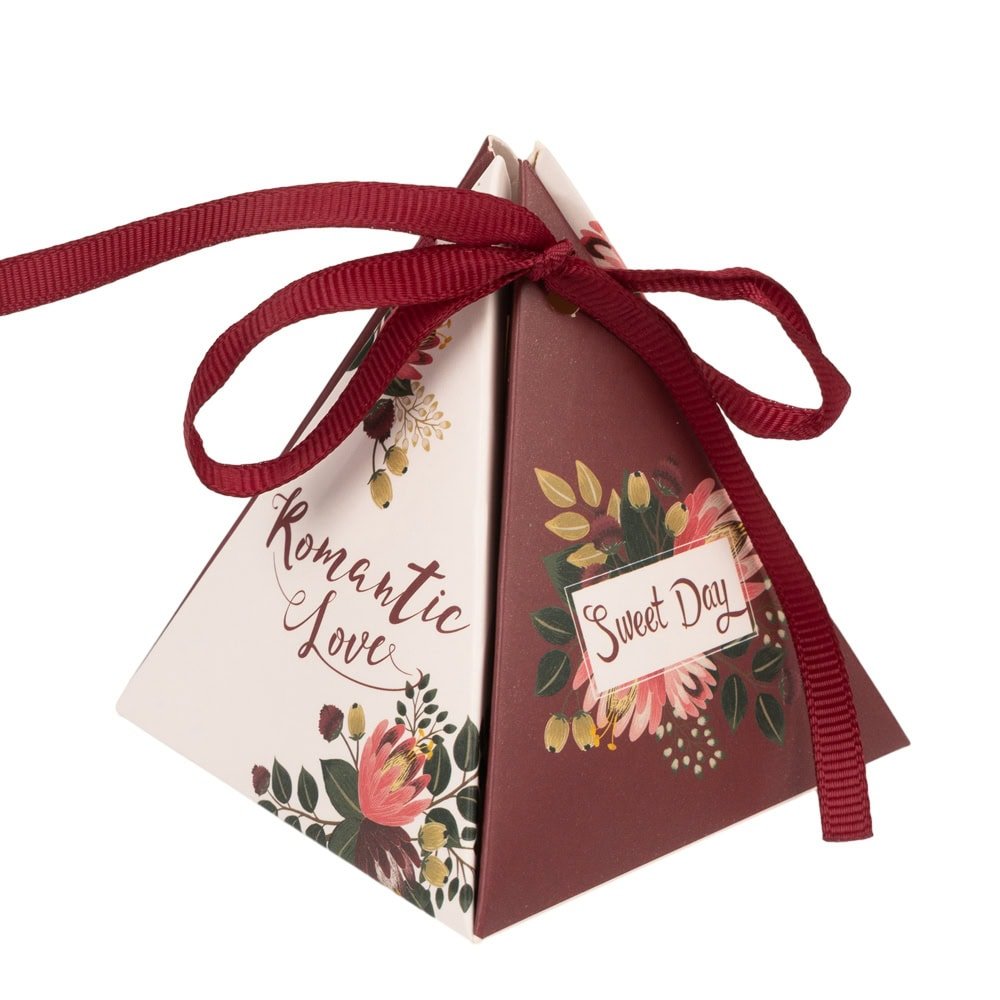 Cutie formă piramidală cu șnur și etichetă cu mesaj Thank you - vișiniu (set 50 buc)