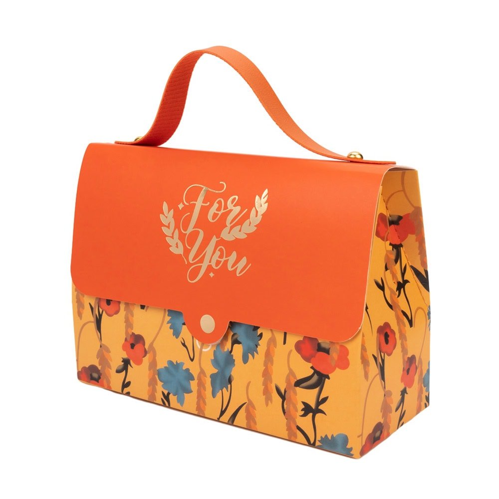 Cutie gentuță model floral cu mâner și mesaj Love You - portocaliu (set 50 buc)