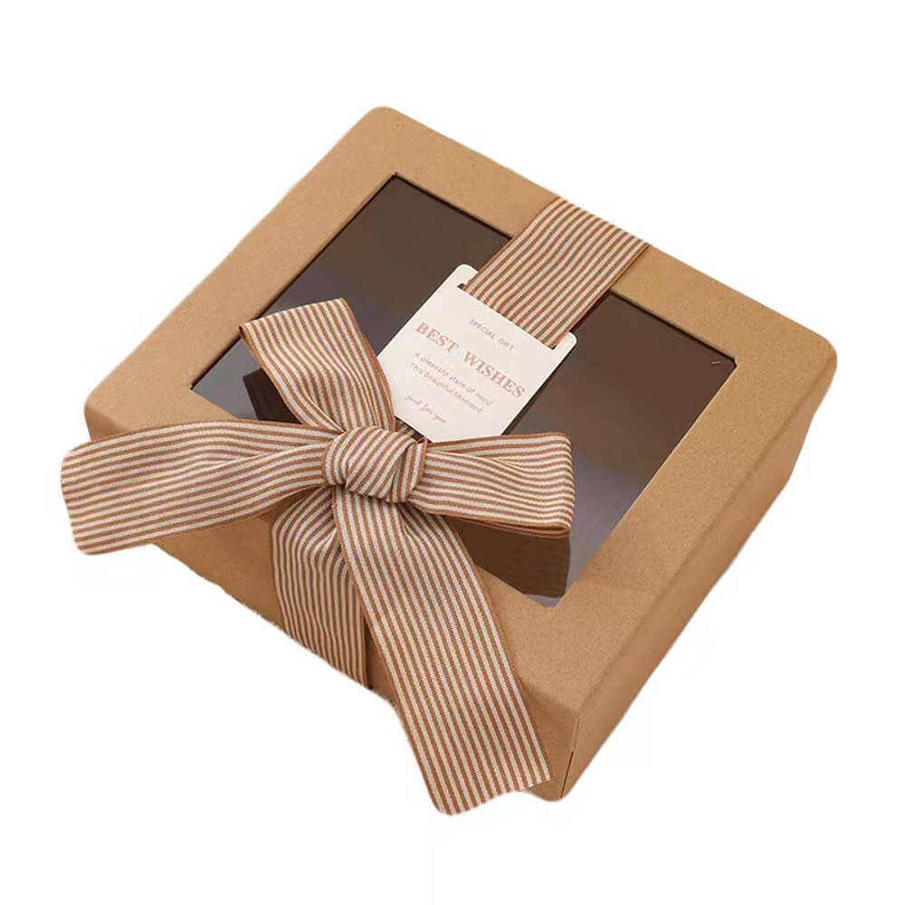 Cutie hârtie cu fereastră si fundă 21x18x9cm - kraft