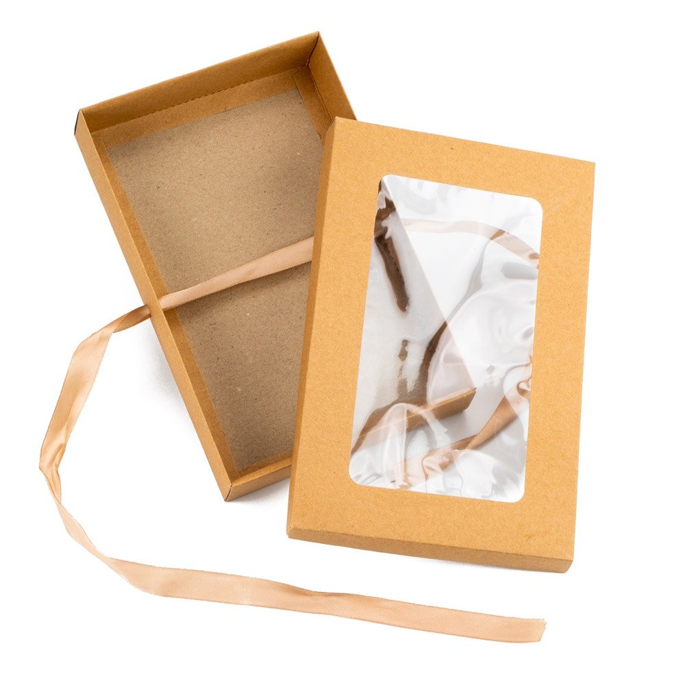 Cutie hârtie cu fereastră și panglică satin - maro (set 50 buc)