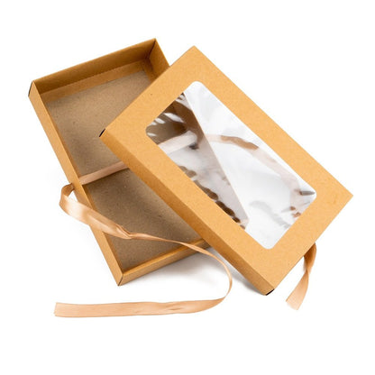 Cutie hârtie cu fereastră și panglică satin - maro (set 50 buc)