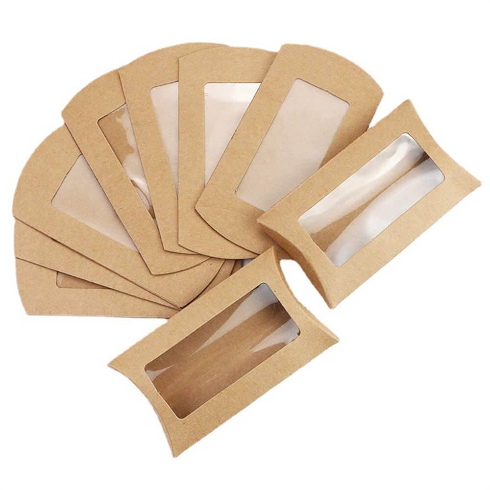 Cutie hârtie în formă de pernă cu fereastră - kraft (set 50 buc)