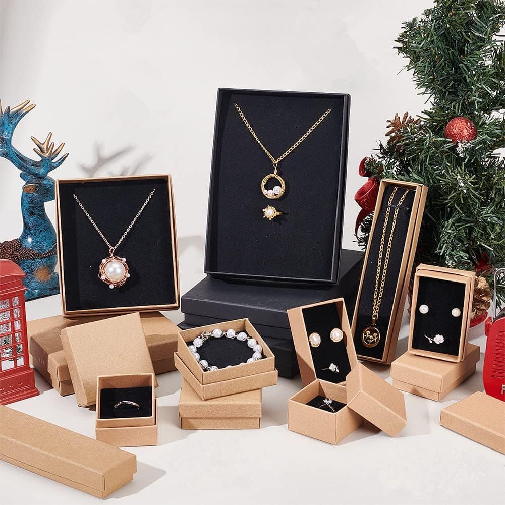 Cutie hârtie kraft pentru bijuterii cu suport negru în interior (set 10 buc)