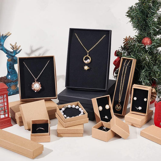 Cutie hârtie kraft pentru bijuterii cu suport negru în interior (set 10 buc)