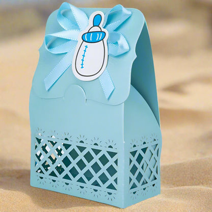 Cutie hârtie model Baby Shower cu panglică - albastru (set 12 buc) - 6.4x3.5x10.2cm