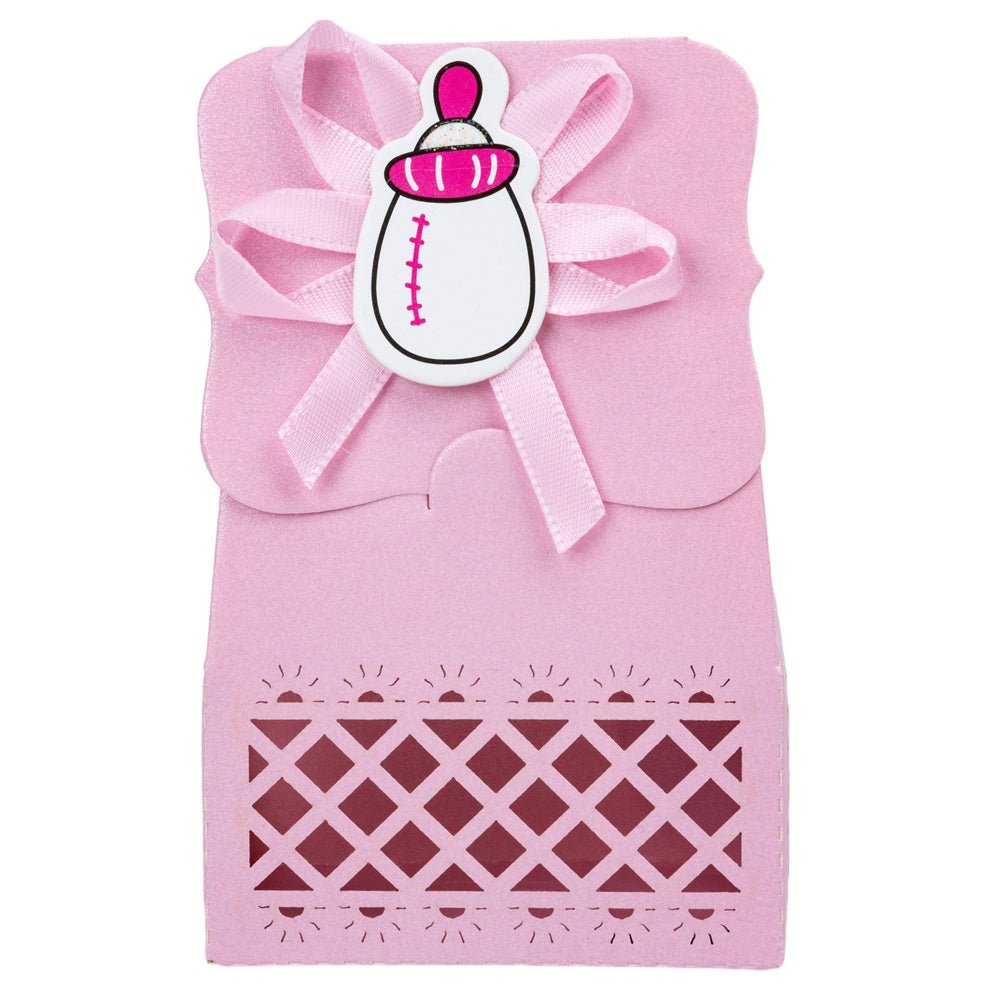 Cutie hârtie model Baby Shower cu panglică - roz (set 12 buc) - 6.4x3.5x10.2cm