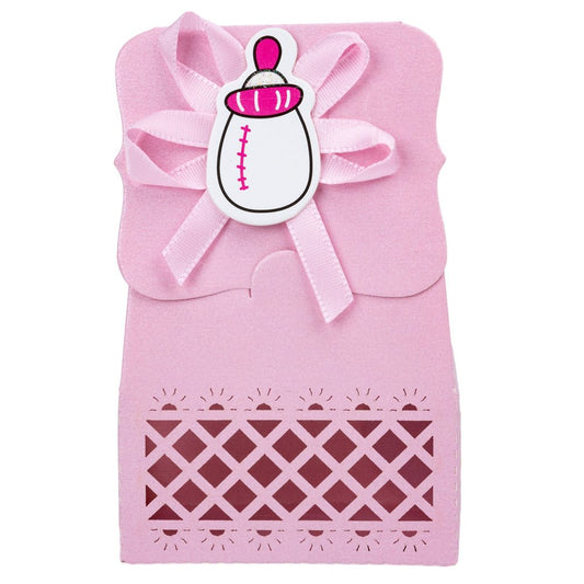 Cutie hârtie model Baby Shower cu panglică - roz (set 12 buc) - 6.4x3.5x10.2cm