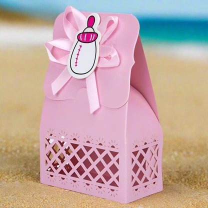 Cutie hârtie model Baby Shower cu panglică - roz (set 12 buc) - 6.4x3.5x10.2cm