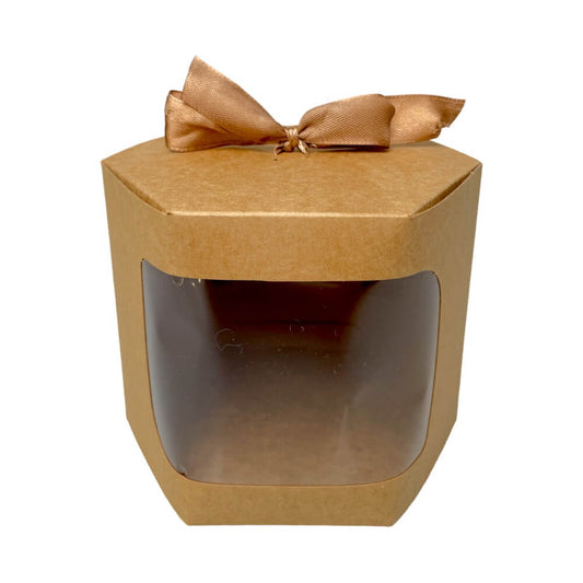 Cutie hexagonală cu fereastră și panglică - kraft (set 12 buc)