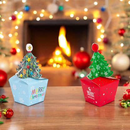 Cutie mică cu brad 3D și mesaj Crăciun fericit - bleu (set 50 buc)