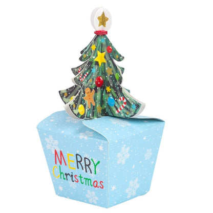 Cutie mică cu brad 3D și mesaj Crăciun fericit - bleu (set 50 buc)