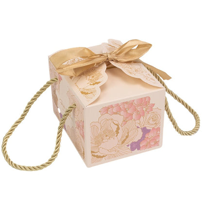 Cutie mică cu panglică și mâner din sfoară model floral - alb (set 50 buc)