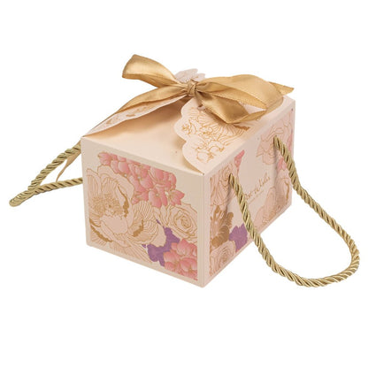 Cutie mică cu panglică și mâner din sfoară model floral - alb (set 50 buc)